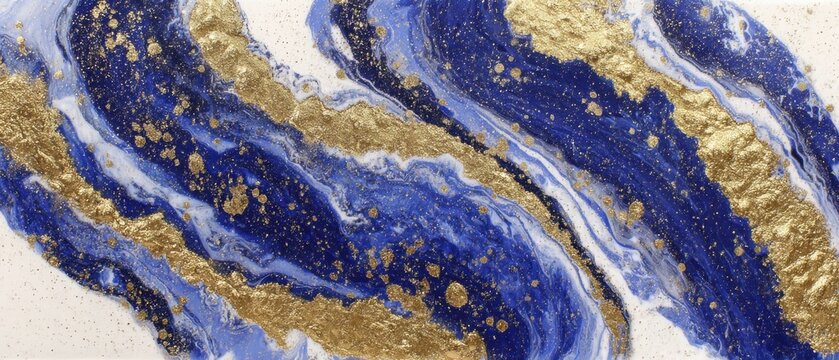 Abstract Art Painting of Blue and Gold Swirls with Glittering Accents Overhead Shot