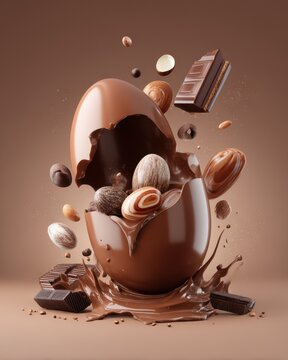 Exploding Chocolate Easter Egg with Filling and Splash Studio Shot on Brown Background Delicious Treat