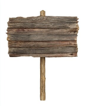 Rustic wooden sign on white background studio shot blank weathered wood plank notice board for text or message