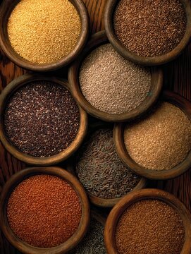 Assortment of grains in wooden bowls overhead studio shot showcasing amaranth quinoa rice teff millet and flaxseed