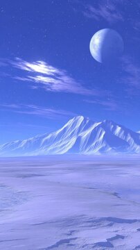 Snowy Mountain Landscape with Moon and Stars in Blue Sky Vertical View Digital Art