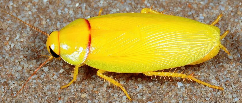 Close up of a bright yellow cockroach on sand ground level view macro photography insect arthropod bug pest wildlife