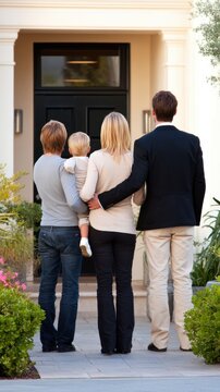 Family of Four Standing in Front of New House from Behind Looking at Doorway in Suburban Neighborhood
