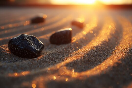 Zen garden stones raked sand peaceful sunset light therapy meditation wellness concept low angle perspective calm scene