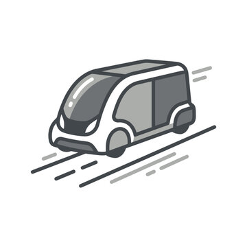 Autonomous electric shuttle van driving on city road.