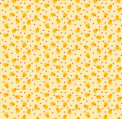 Seamless pattern of cute yellow chicks and polka dots on a light yellow background. © Wolfworker