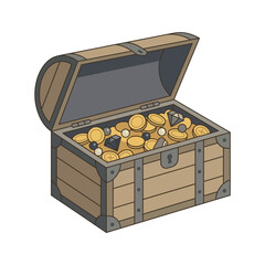 Open wooden treasure chest full of gold coins. © Mujiyanto