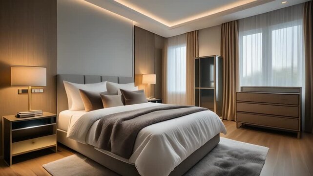 Elegant modern bedroom with a made bed and curtains in a softly lit interior