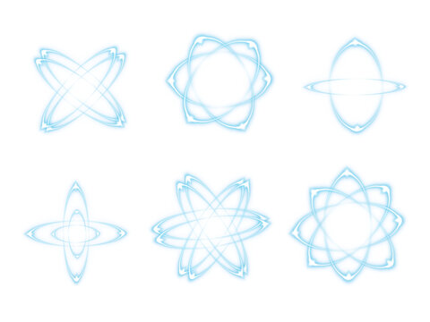 Set of glowing light blue atomic orbital energy rings isolated on clean solid white background