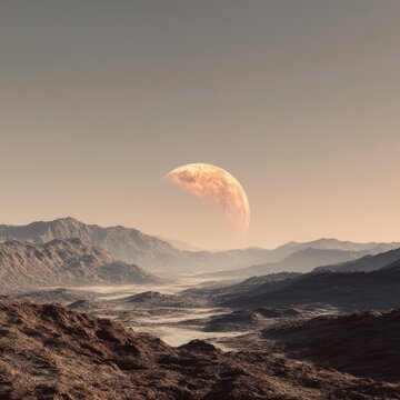 Alien planet landscape with large moon rising over mountains in a dusty atmosphere, scenic view, science fiction concept