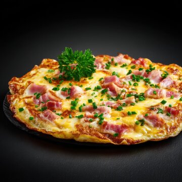 Delicious ham and cheese omelette with chives and parsley garnish close up studio shot on black background