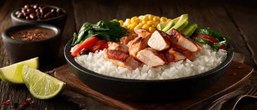 Close-up of a Flavorful Chicken Bowl with Rice, Corn, Avocado, and Lime on a Rustic Wooden Table for a Healthy Meal