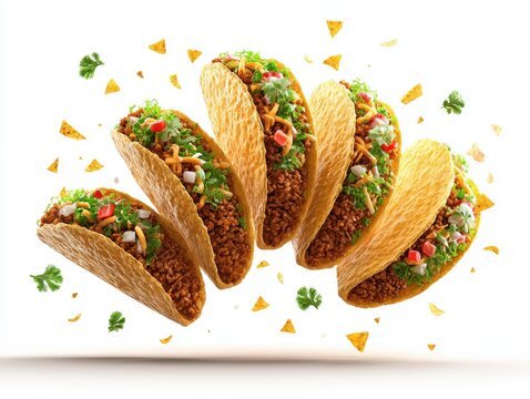 Delicious Tacos Floating on White Background Studio Shot; Mexican Food Concept with Ground Beef and Fresh Toppings
