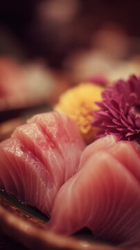 Close-up of Fresh Tuna Sashimi with Flower Garnish at Japanese Restaurant; Food Photography, Delicious Meal, Gourmet Dish, Fine Dining, Healthy Eating