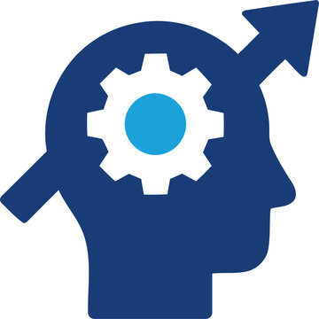 Human head icon with gear and upward arrow for growth isolated on transparent background