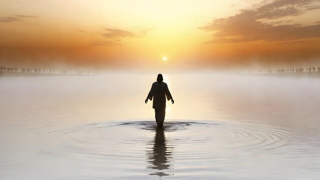 Jesus walking gracefully on a calm lake at sunrise