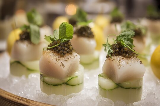 Elegant Appetizer Close-Up: Scallops, Caviar, Cucumber, Mint on Ice Bed, Fine Dining Presentation, Studio Shot