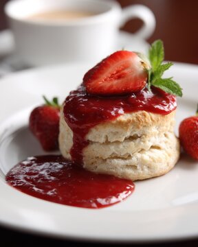 Strawberry shortcake with jam and mint on plate close up still life food photography dessert treat