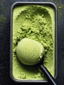 Matcha ice cream scoop in container overhead shot food photography green tea dessert sweet treat