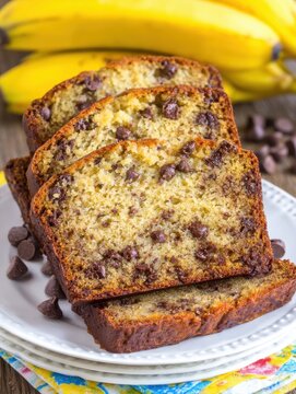 Delicious banana bread with chocolate chips slices stacked on a plate close up shot of homemade baked goods