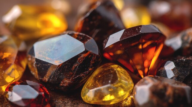 Close-up of Amber and Garnet Gemstones on Rough Surface Studio Shot Showing Facets and Reflections for Jewelry Design