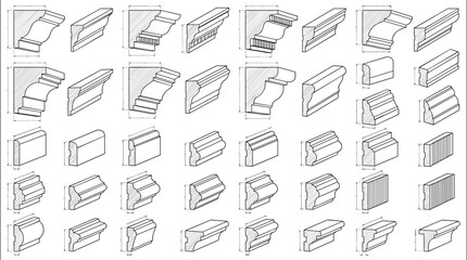 Crown molding and baseboard profile vector set with architectural trim technical cross section diagrams © ABU