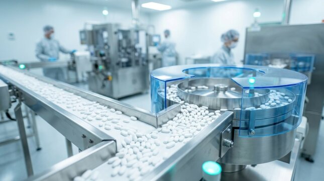 Pharmaceutical manufacturing line with pills on conveyor belt