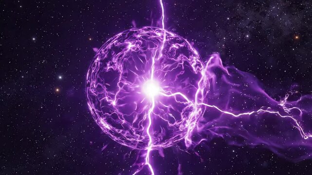 Luminous electric purple sphere floating in dark space with crackling energy bolts and glowing violet plasma discharges pulsing outward