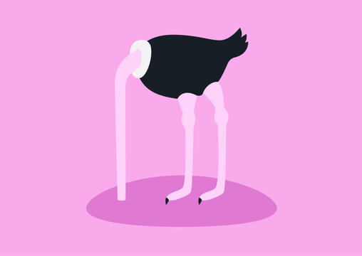 In a whimsical scene, an ostrich amusingly hides, with its head tucked deep into the ground, surrounded by a vibrant pink background that adds charm to its playful antics.