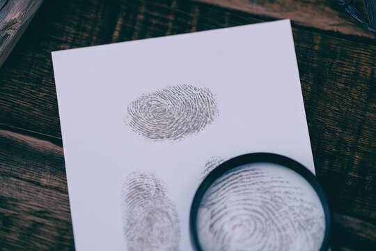 Top-down, macro shot of fingerprints dusted on a blank piece of paper, magnifying glass edge in frame, dark wooden background