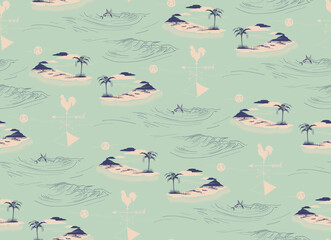 Seamless pattern of tropical islands with palm trees and waves. © Wolfworker