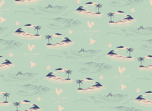 Seamless pattern of tropical islands with palm trees and waves.