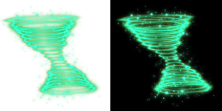 Glowing green tornado energy swirl effect shown on both white and black background split view