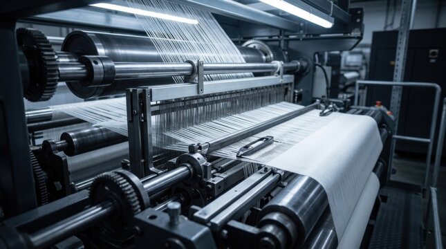 Industrial textile loom machine weaving fabric in a factory