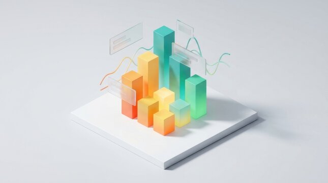 3d bar chart with floating data visualization elements isolated on white background