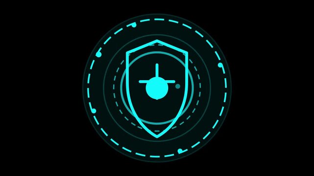 Cybersecurity Shield Interface Featuring Futuristic Glowing Neon Cyan Digital Protection Vectors With Advanced Tech Scanner HUD Motion Elements