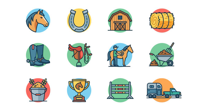 Set of colorful circular icons for horse riding sports.