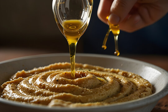 Hummus dip in white bowl with olive oil being poured from glass spoon capturing texture of chickpea puree with subtle seasoning details.