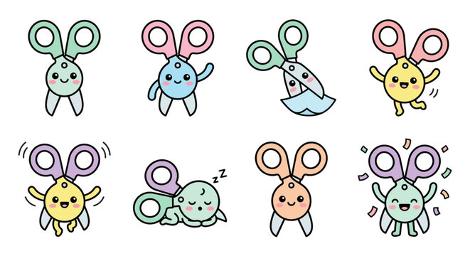 Set of colorful cartoon scissor characters with unique expressions and colors.