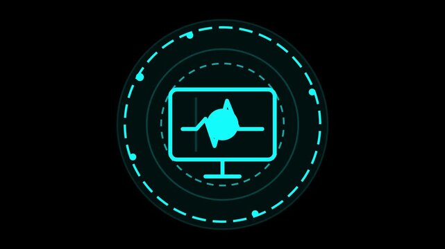 Futuristic digital health monitoring interface featuring a glowing cyan heartbeat waveform display encased in a circular technological data radar frame