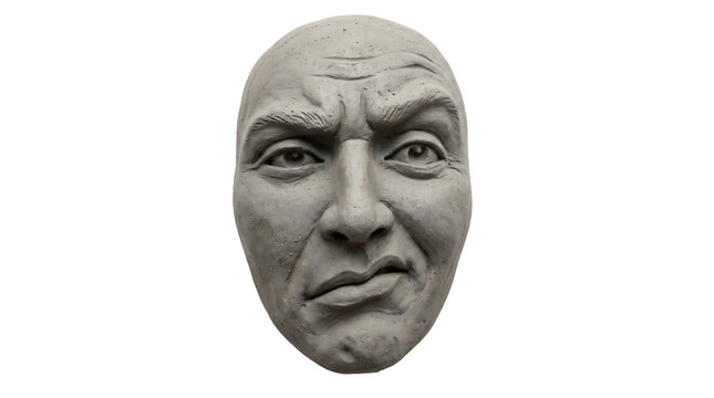Stone face sculpture with skeptical expression on white background