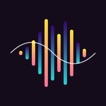 Abstract colorful digital soundwave frequency equalizer bars with white sine wave line on dark background.