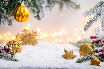 Obraz premium Glittering gold ornaments and snowflakes rest on snowy ground with frosted pine branches and soft glowing lights. Winter Christmas Holiday Decoration Background