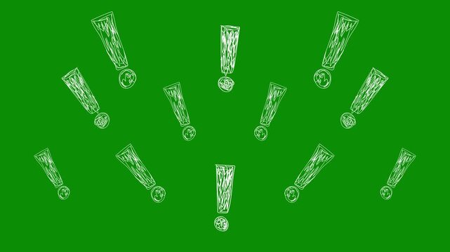 Abstract Hand-Drawn White Exclamation Mark Symbols Arranged in a Symmetrical Pattern on a Flat Vivid Green Chalkboard Background, Minimalist Graphic Illustration Design for Educational Concepts or Ale