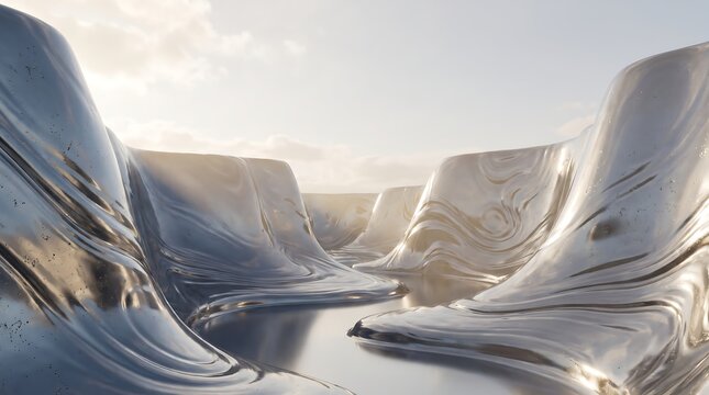 futuristic metallic canyons with reflective river, abstract liquid metal landscape, wavy polished rock formations, bright sky with soft clouds, surreal natural environment.