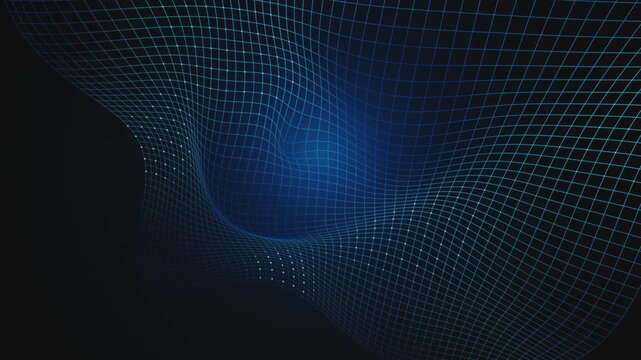 Abstract digital wireframe animation featuring blue glowing grid waves on black.