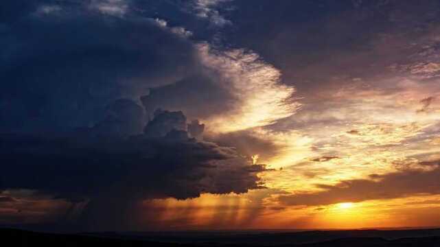 Dramatic storm clouds at sunset with rain showers and golden hour light over horizon