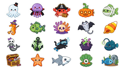Obraz premium Cute Halloween Underwater Sticker Set with Ghost Octopus Vampire Jellyfish Pirate Crab Pumpkin Submarine Haunted Treasure Chest Kawaii Vector Collection