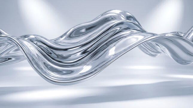 wavy metallic sculpture with reflections, abstract liquid silver form, fluid metal artwork with smooth curves and light highlights, modern artistic shape, studio shot.