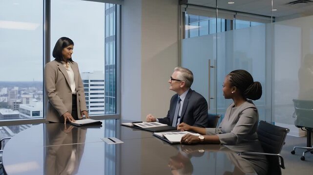 Placing folder, Asian woman in beige suit presenting proposal at highrise meeting room, open binder